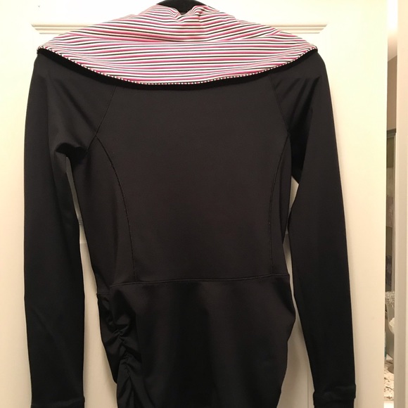 Bebe Sport Black Jacket with White Collar Pink & Black Stripes Ruched Bottom - Picture 4 of 10